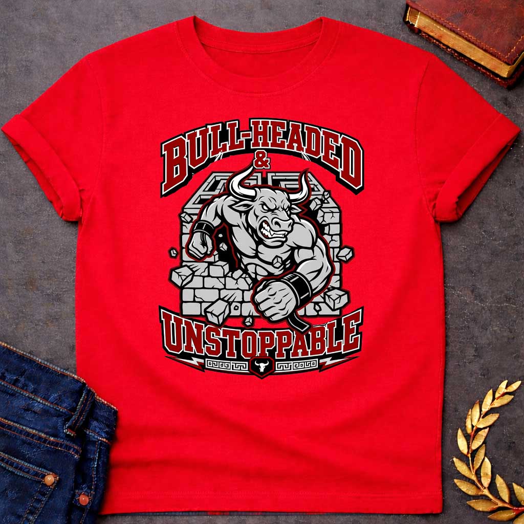 Red T-shirt with a High-impact sports design featuring a muscular Minotaur bursting through a crumbling stone wall in red, gray, and white. The aggressive bull-headed figure displays defined musculature and determination. Text reads 'Bull-Headed & Unstoppable' in bold red and black lettering. Greek key pattern and bull symbol anchor the bottom. Combines Greek mythology with modern gym and sports culture, celebrating stubborn strength and unstoppable power.