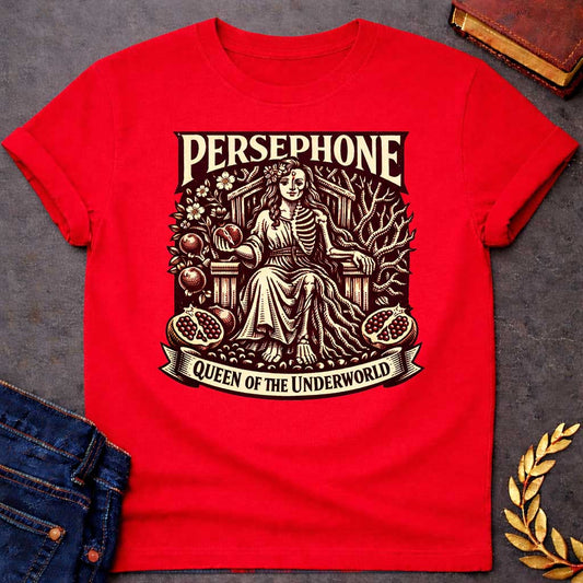 persephone pomegranate greek mythology youth shirt featuring pomegranate, underworld queen symbolism in dark floral mythology design