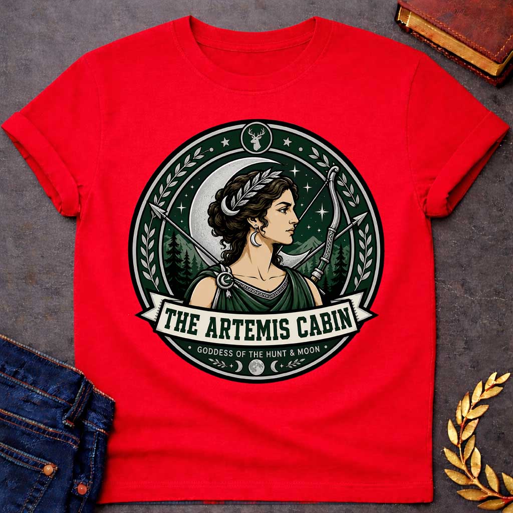 Red t-shirt with a Artemis Greek mythology cabin design featuring the goddess of the hunt and moon with a crescent moon, bow and arrows, forest mountains, stars, laurel branches, and deer symbol. Dark green, silver, cream, and black circular camp-style emblem includes the text “The Artemis Cabin” and “Goddess of the Hunt & Moon.”