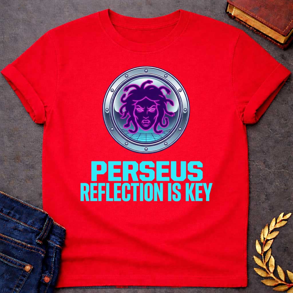 Red t-shirt in synthwave style: a glowing neon-pink and purple Medusa face with snake hair sits inside a chrome porthole frame with rivets, backed by a retro grid floor and gradient sky. Bold cyan text below reads "Perseus" and "Reflection Is Key"
