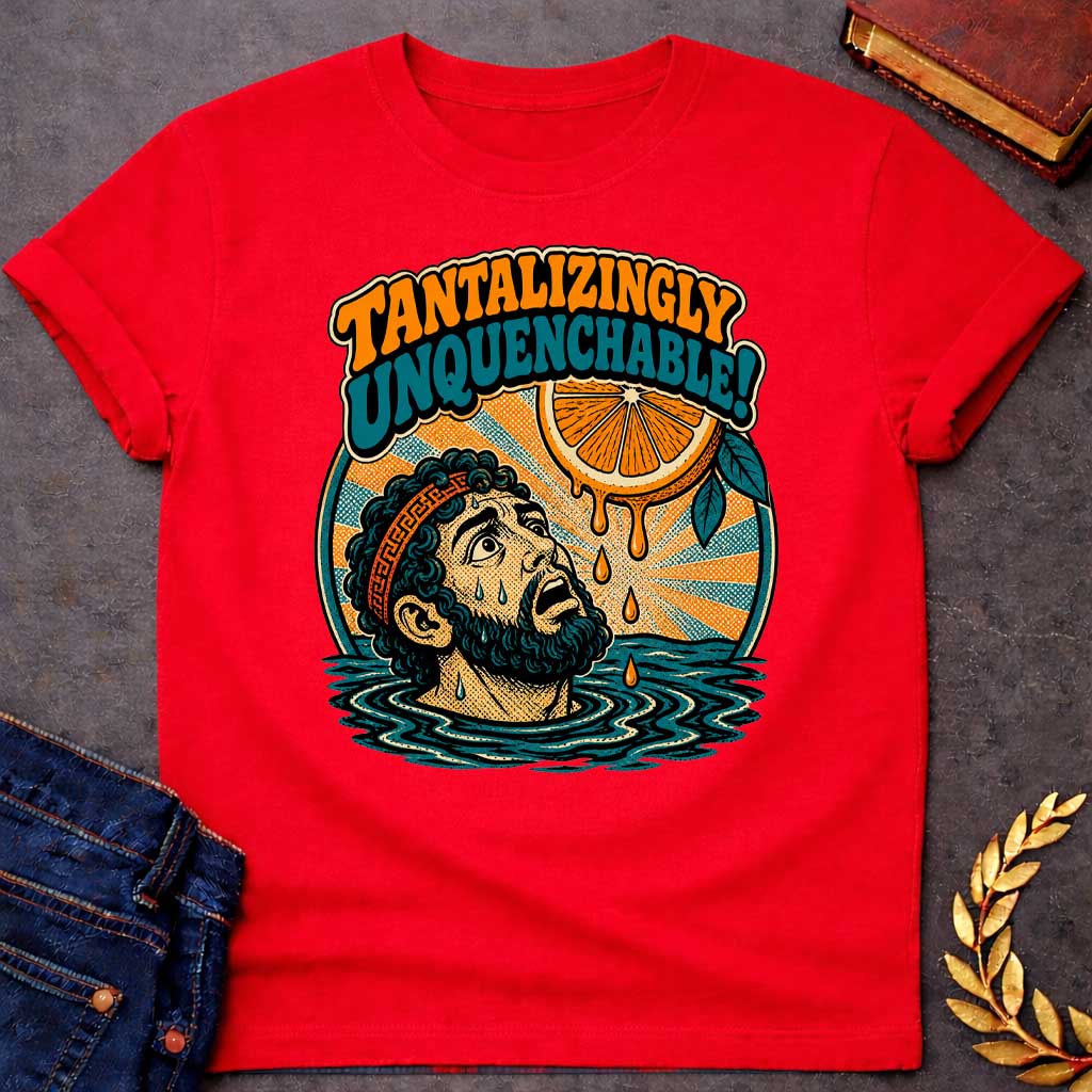 Red t-shirt with a retro pop-art design inspired by the myth of Tantalus. Inside a circular badge with a sunburst background, a sweating Greek man submerged to his neck in water looks up in desperation at a juicy orange slice dangling just out of reach with dripping juice droplets. Playful 70s-style bubble lettering arched above reads "TANTALIZINGLY UNQUENCHABLE!" in bold orange and teal fonts.