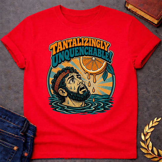 Red t-shirt with a retro pop-art design inspired by the myth of Tantalus. Inside a circular badge with a sunburst background, a sweating Greek man submerged to his neck in water looks up in desperation at a juicy orange slice dangling just out of reach with dripping juice droplets. Playful 70s-style bubble lettering arched above reads "TANTALIZINGLY UNQUENCHABLE!" in bold orange and teal fonts.
