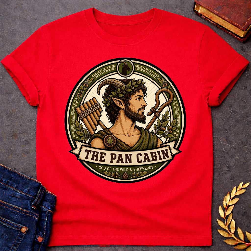 Red t-shirt with a Pan Greek mythology cabin design featuring the god of the wild and shepherds with curved goat horns, pointed ears, leafy crown, and rustic robes. Surrounded by panpipes, a shepherd’s crook, oak leaves, acorns, and Greek key details in an earthy green and gold circular emblem. Text reads “The Pan Cabin” and “God of the Wild & Shepherds,”
