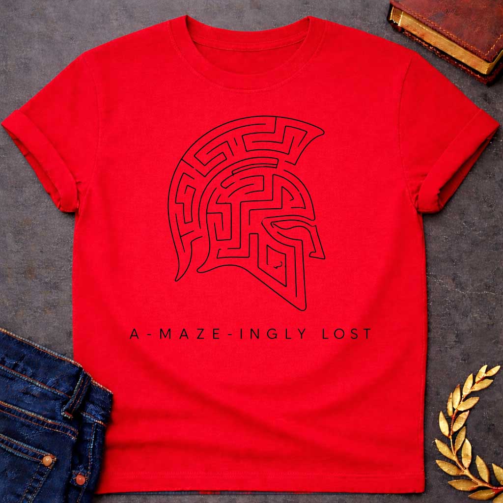 Red T-shirt with A Minimalist line art Spartan warrior helmet composed entirely of intricate maze pathways on a shirt. The crested helmet's interior is filled with convoluted corridors and passages forming a complex labyrinth design. Black and white aesthetic. Text reads 'A-Maze-Ingly Lost' below. Clever wordplay merges Greek mythology and warrior symbolism with the legendary Cretian labyrinth, celebrating getting lost in mazes and ancient Greek warrior culture.