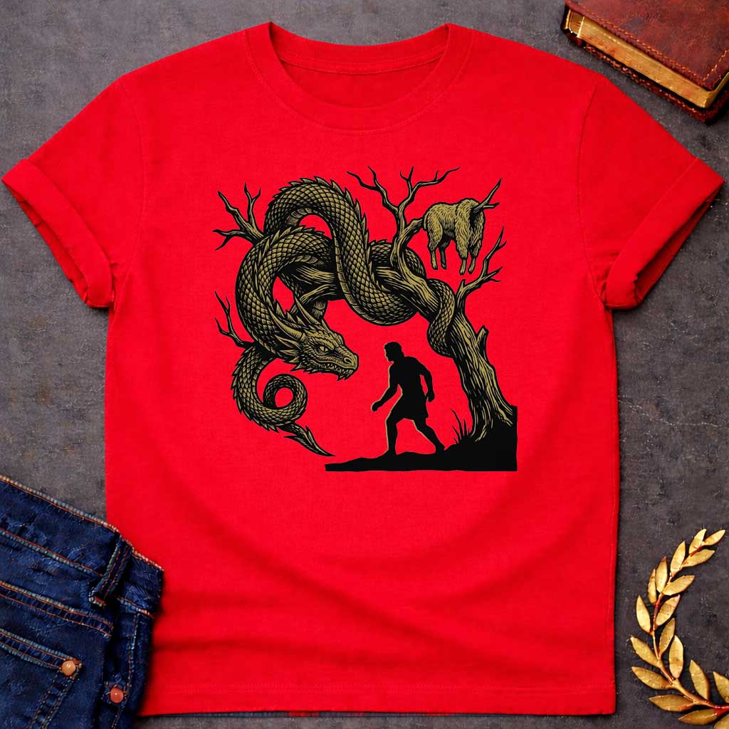 Red T-shirt with A dramatic woodcut-style t-shirt design. In a high-contrast black and gold aesthetic, the black silhouette of a Greek warrior approaches a gnarled, leafless tree. Coiled tightly around the branches is a massive, detailed golden dragon with sharp scales, staring down closely at the hero. Hanging from a branch high in the tree is the golden fleece of a ram.
