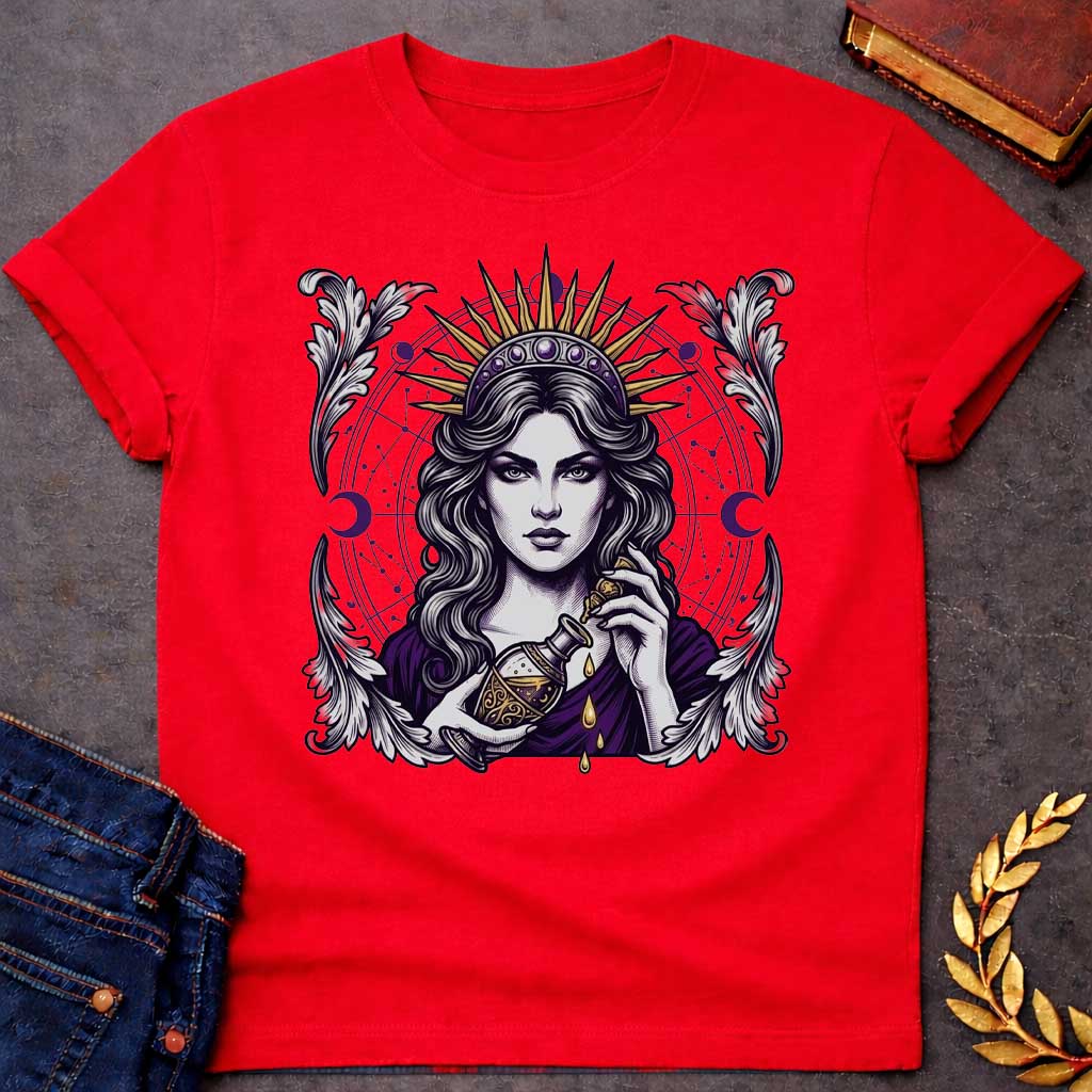 Red T-shirt with a Mystical portrait of Medea rendered in black, purple, and gold holding an ornate potion vessel with glowing liquid dripping downward. Elaborate celestial backdrop features a radiating golden sun crown, purple moon phases, and astrological constellation patterns surrounding her face. Ornate white wing designs frame the composition. Intricate occult aesthetic celebrates the legendary Greek sorceress's magical power, ancient wisdom, and mystical enchantment.