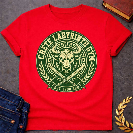 Red T-shirt with a Fitness emblem of the Minotaur from Crete's Labyrinth. Green and cream circular badge displays a detailed bull head with curved horns within Greek key borders. Two crossed swords flank below. Laurel wreaths frame sides. Text reads 'Crete Labyrinth Gym' and 'Est. 1200 BCE.' Distressed texture adds vintage appeal. Merges Greek mythology with modern gym culture, celebrating legendary warrior strength.