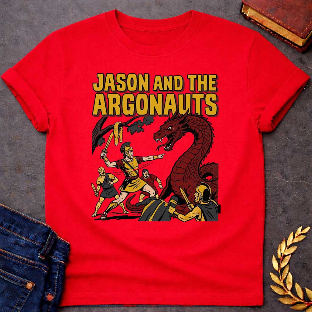 Red T-shirt with A retro comic book style t-shirt design.  Bold yellow pop-art text at the top reads "JASON AND THE ARGONAUTS". Below, a Greek warrior in armor raises a sword near the Golden Fleece hanging from a tree branch, pointing toward a giant, snarling red dragon. Three fellow Argonauts surround the beast with swords drawn, featuring classic comic ben-day dot shading and thick black outlines