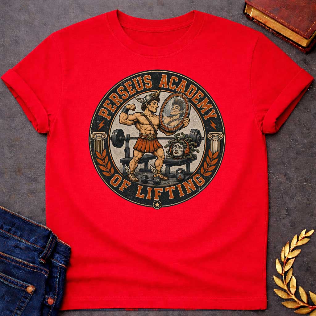 Red T-shirt in vintage badge style: a winged-helmet Perseus flexes his bicep in a gym, admiring himself in a hand-held mirror, wearing a bronze breastplate, kilt, and winged sandals. Behind him sits a barbell bench, dumbbells, and a kettlebell. Medusa's severed head rests on a bench wearing orange headphones, snake hair coiled. Ionic columns and laurel branches frame the circular black-and-orange design.