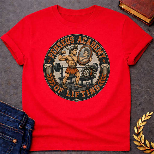Red T-shirt in vintage badge style: a winged-helmet Perseus flexes his bicep in a gym, admiring himself in a hand-held mirror, wearing a bronze breastplate, kilt, and winged sandals. Behind him sits a barbell bench, dumbbells, and a kettlebell. Medusa's severed head rests on a bench wearing orange headphones, snake hair coiled. Ionic columns and laurel branches frame the circular black-and-orange design.