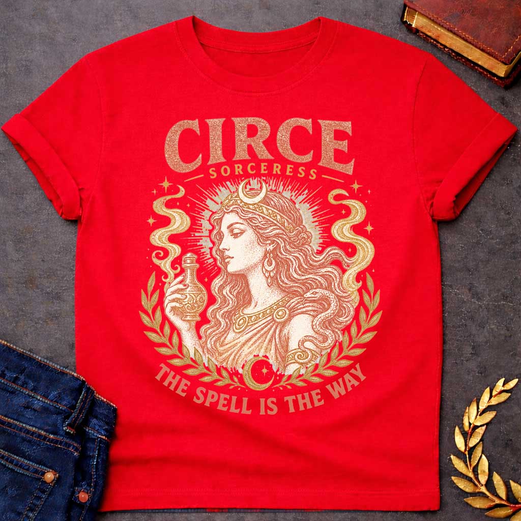 Red t-shirt with a Vintage Greek mythology design featuring Circe, the legendary sorceress, holding a potion bottle with a snake coiled around her arm. Crescent moons, stars, mystical smoke, and laurel branches frame the portrait with the text “Circe Sorceress” and “The Spell Is the Way” in a distressed antique style.