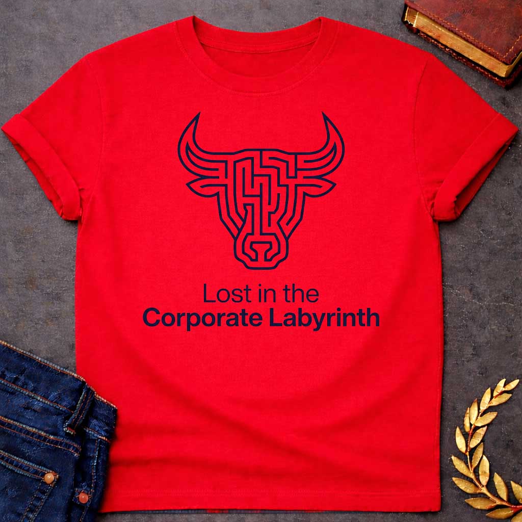 Red T-shirt with a Minimalist line art illustration of a Minotaur head rendered entirely as a complex maze pattern in navy blue and white. The bull's horns and facial features form pathways and corridors. Text reads 'Lost in the Corporate Labyrinth' below. Clever wordplay merges Greek mythology with modern commentary on workplace frustration, bureaucratic confusion, and corporate system entrapment.