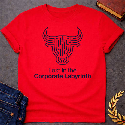 Red T-shirt with a Minimalist line art illustration of a Minotaur head rendered entirely as a complex maze pattern in navy blue and white. The bull's horns and facial features form pathways and corridors. Text reads 'Lost in the Corporate Labyrinth' below. Clever wordplay merges Greek mythology with modern commentary on workplace frustration, bureaucratic confusion, and corporate system entrapment.