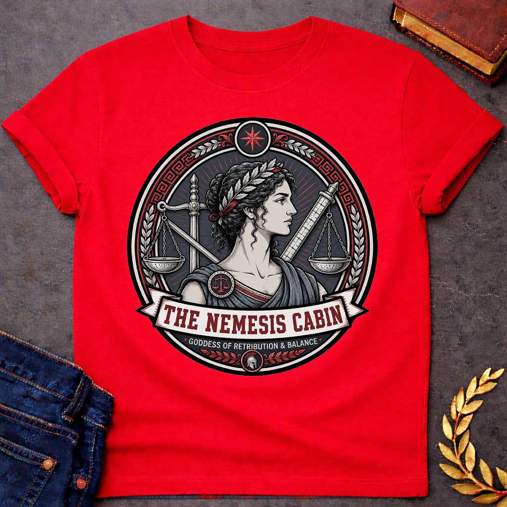 Red Nemesis Greek mythology cabin design featuring the goddess of retribution and balance in a detailed circular emblem. She wears a laurel crown and is surrounded by balanced scales, a sword, measuring rod, Greek key patterns, and red accents. Text reads “The Nemesis Cabin” and “Goddess of Retribution & Balance,”