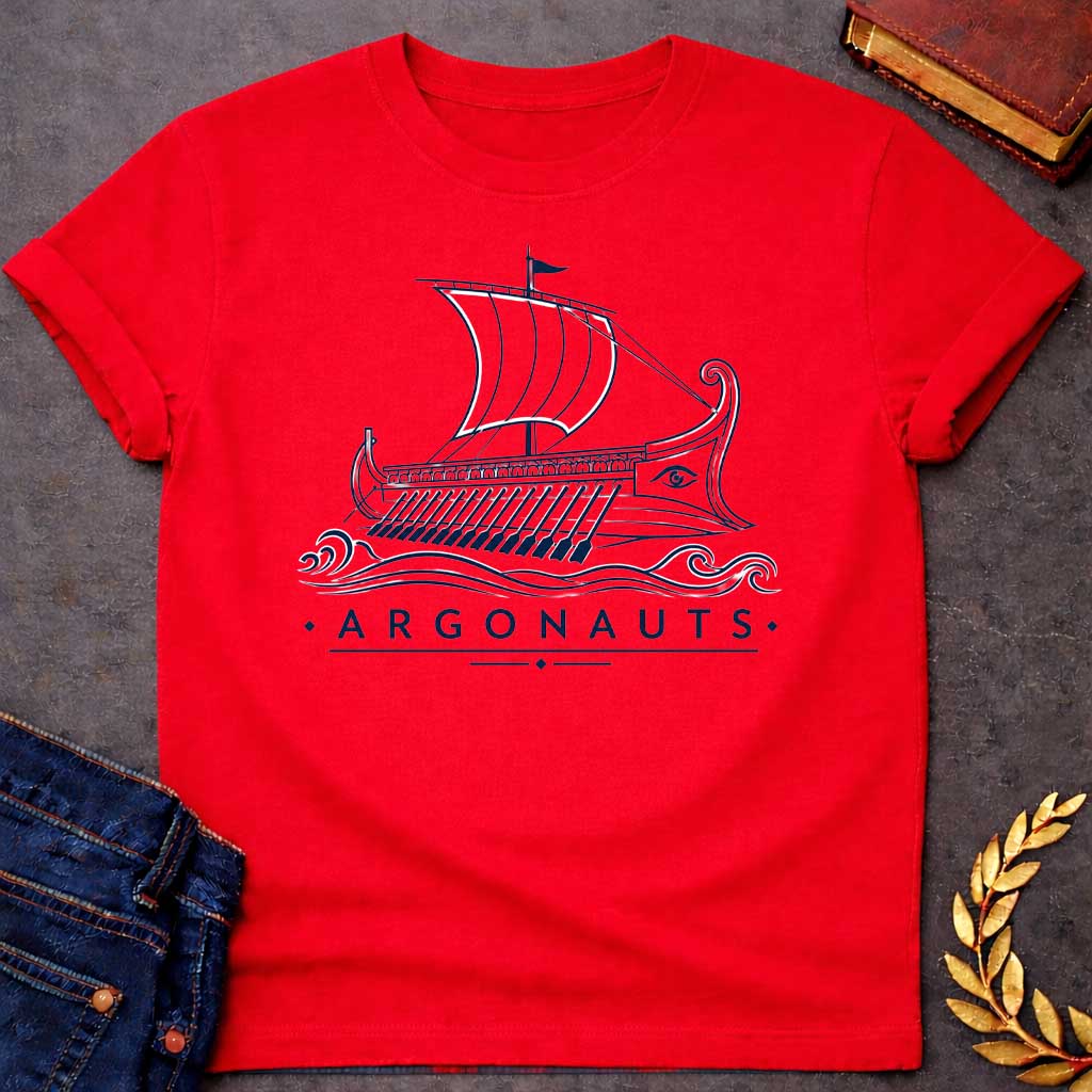 Red T-shirt with A Classical line art rendering of the legendary Argo in navy blue. The Greek ship features billowing sails above a detailed hull with visible oars. Ornate bow and stern decorations frame a protective eye symbol on the hull. Decorative waves flow beneath. Text reads 'Argonauts' with diamond accents. Celebrates the heroic quest of Jason and his crew seeking the golden fleece in ancient Greek mythology.