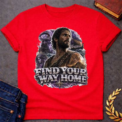 Red t-shirt with an Epic Greek mythology design featuring Odysseus against a stormy seascape with lightning, a sailing ship, ancient ruins, and a mysterious watchful eye. A portrait of a woman appears within the dramatic collage, symbolizing his journey back to Ithaca. Bold metallic lettering reads "Find Your Way Home," capturing the adventure and perseverance of The Odyssey.