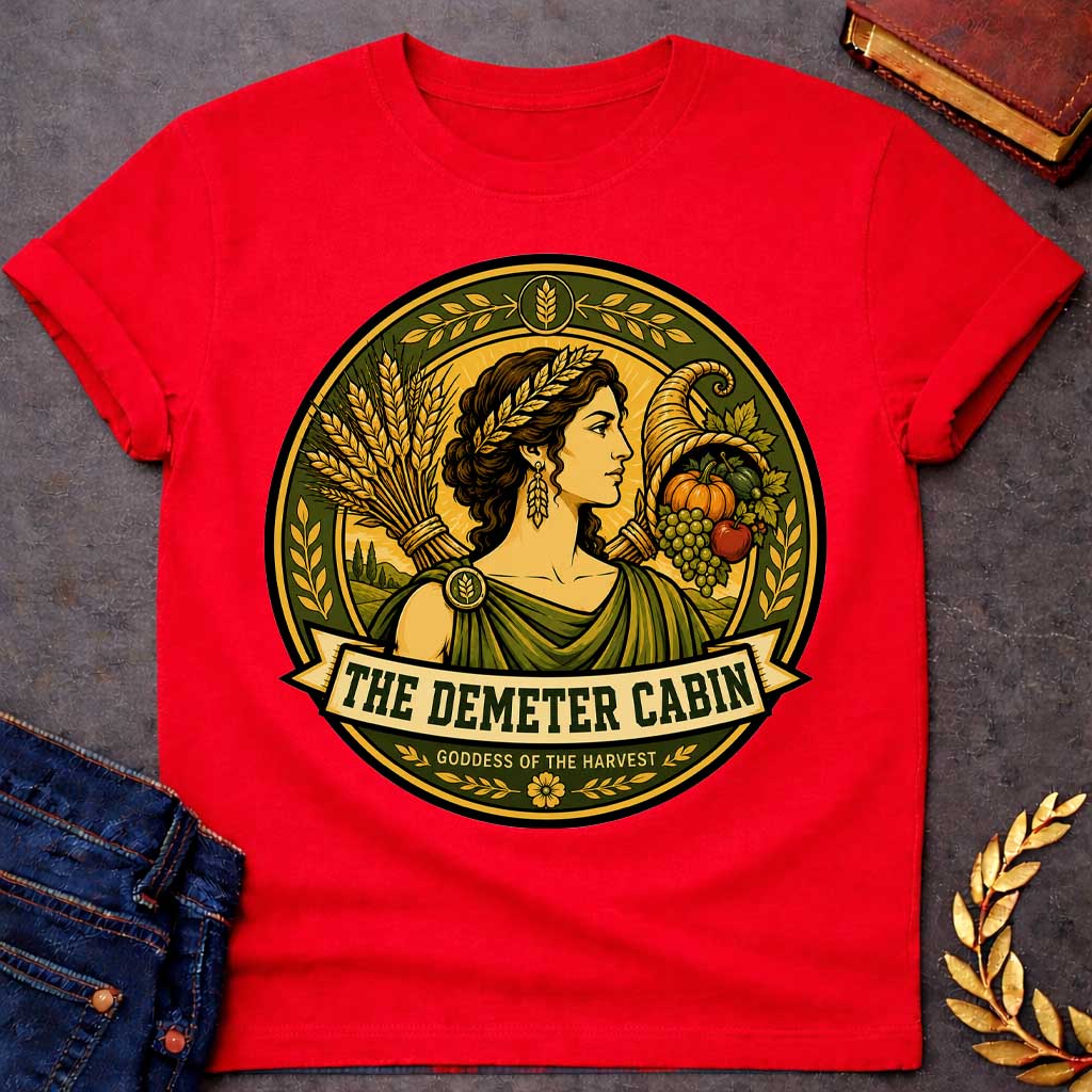 Red t-shirt with a Demeter Greek mythology cabin design featuring the goddess of the harvest wearing a golden wheat crown, surrounded by bundles of wheat, a cornucopia filled with grapes, pumpkin, apple, and other crops. Olive green and gold circular camp-style emblem includes the text “The Demeter Cabin” and “Goddess of the Harvest.”