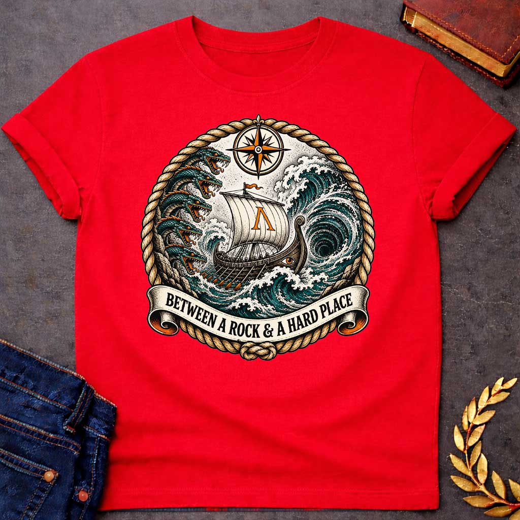 Red t-shirt in nautical tattoo style, referencing Scylla and Charybdis: a Greek ship with an eye-painted hull and Lambda-marked sail sails between six-headed serpent Scylla and a swirling whirlpool. A compass rose sits above, with the design bordered by twisted rope and a ribbon banner reading the title below.