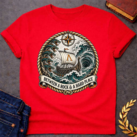 Red t-shirt in nautical tattoo style, referencing Scylla and Charybdis: a Greek ship with an eye-painted hull and Lambda-marked sail sails between six-headed serpent Scylla and a swirling whirlpool. A compass rose sits above, with the design bordered by twisted rope and a ribbon banner reading the title below.