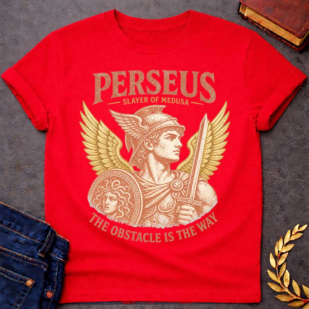 Red t-shirt with a Vintage Perseus Greek mythology design featuring the heroic slayer of Medusa wearing a winged helmet and holding a sword and shield decorated with Medusa’s head. Golden wings frame the distressed terracotta illustration with the text “Perseus,” “Slayer of Medusa,” and “The Obstacle Is the Way.”