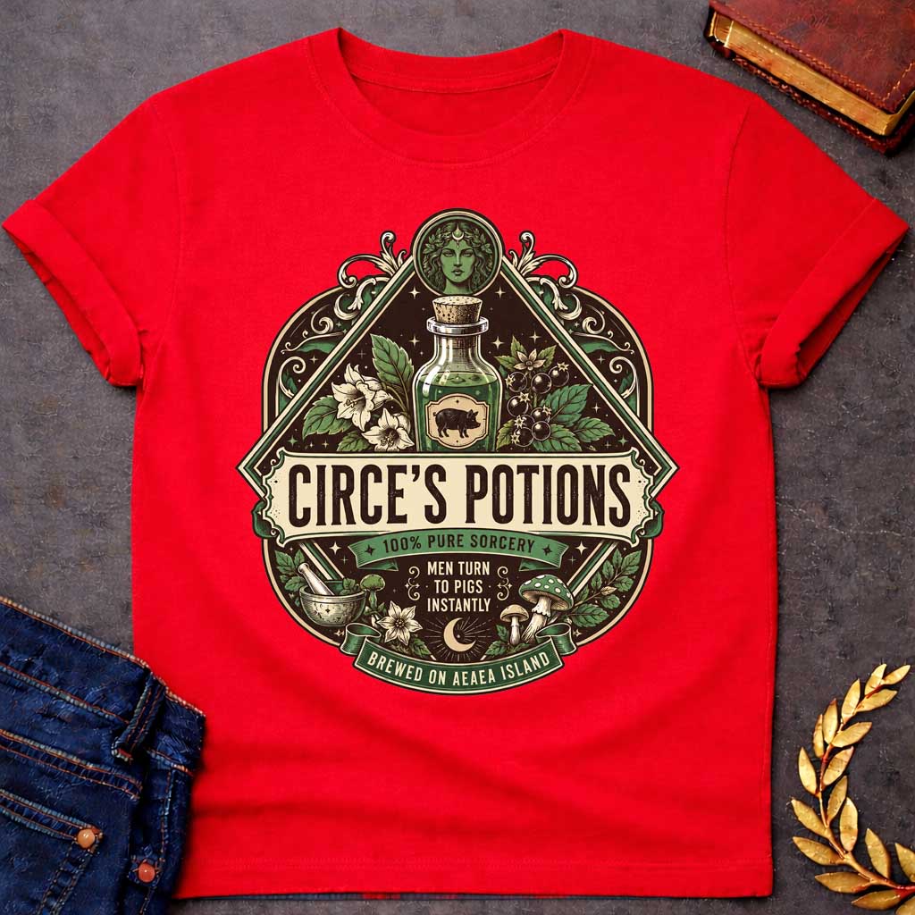 Red T-shirt with an ornate, vintage apothecary-style t-shirt graphic for "circe's potions.jpg". At the top, a portrait of the goddess Circe sits above a glass potion bottle featuring a pig label, surrounded by magical herbs. A central banner reads "CIRCE'S POTIONS" in a bold serif font. Additional labels read "100% PURE SORCERY," "MEN TURN TO PIGS INSTANTLY," and "BREWED ON AEAEA ISLAND" amidst a mortar, pestle, and mushrooms