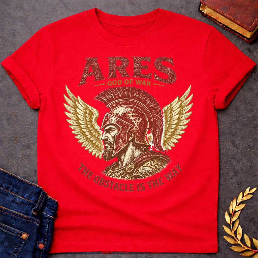 Red t-shirt with a Vintage Greek mythology design featuring Ares, god of war, wearing a battle-worn Greek helmet and armor. Golden wings frame the warrior in a bold red, gold, and cream engraving style. Text reads "Ares – God of War" and "The Obstacle Is the Way," creating a powerful design inspired by strength, courage, and ancient Greek mythology.
