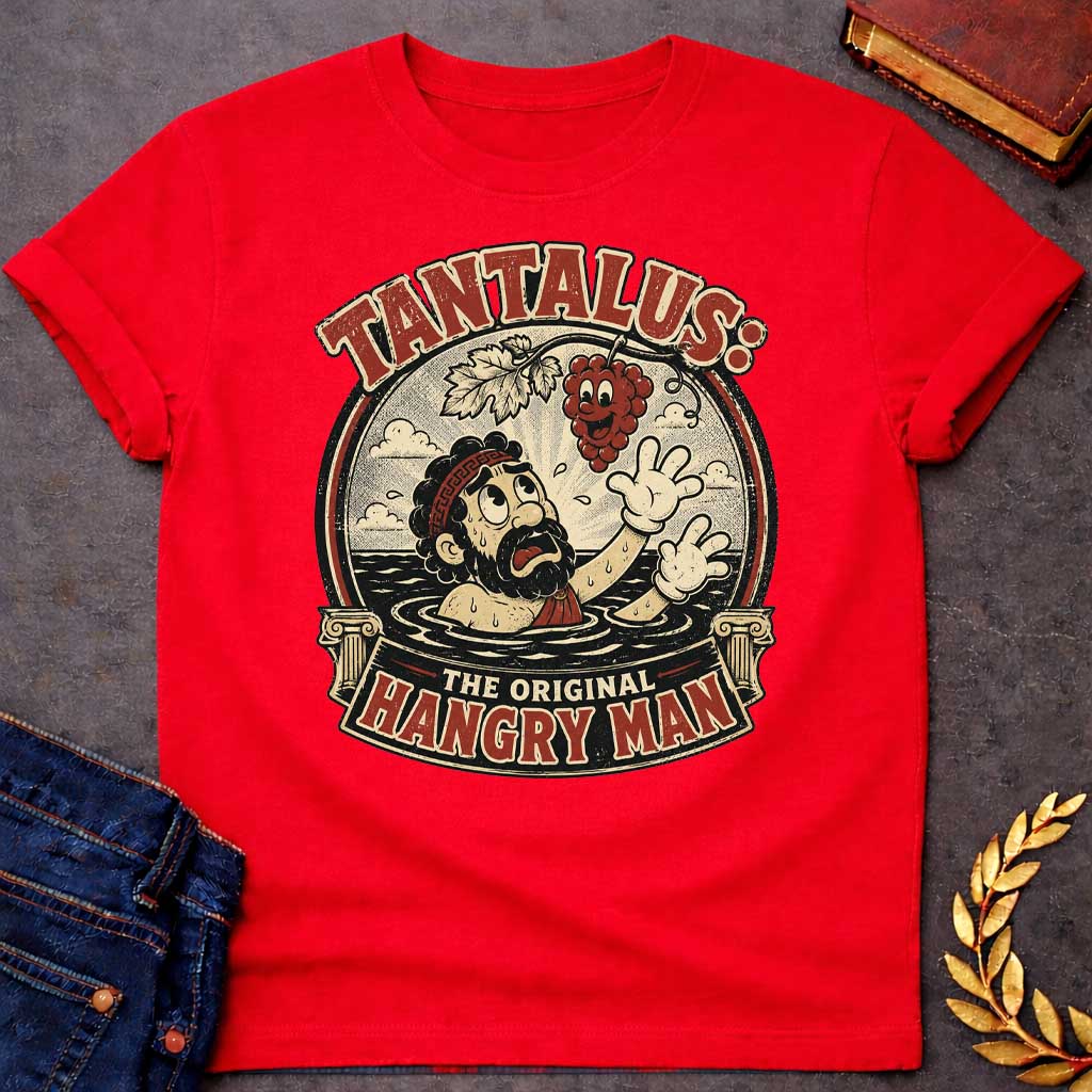 Red t-shirt with A vintage 1930s rubber-hose cartoon-style graphic. Inside a circular badge flanked by Greek columns, a distressed Tantalus stands in water reaching desperately toward a smiling cartoon grape cluster dangling above him. Arched text across the top reads "TANTALUS:" while a bottom banner features "THE ORIGINAL HANGRY MAN" in a distressed red and cream color palette.