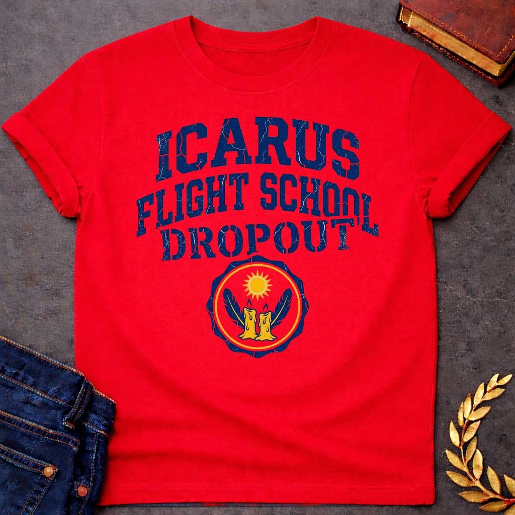 Red in distressed collegiate style: bold navy blue arched text with a cracked, weathered texture above a circular emblem featuring two melting wax candles with wings and a blazing sun, gold and navy on a white badge.