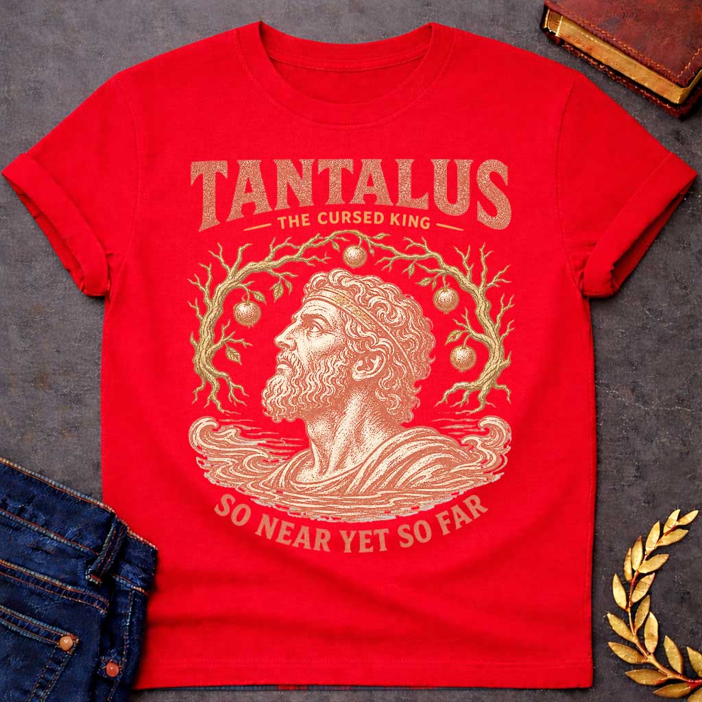 Red t-shirt with a Vintage Tantalus Greek mythology design featuring the cursed king surrounded by unreachable fruit trees and rising water. Distressed terracotta and gold artwork includes the text “Tantalus,” “The Cursed King,” and “So Near Yet So Far,” representing his eternal punishment of endless hunger, thirst, and temptation.