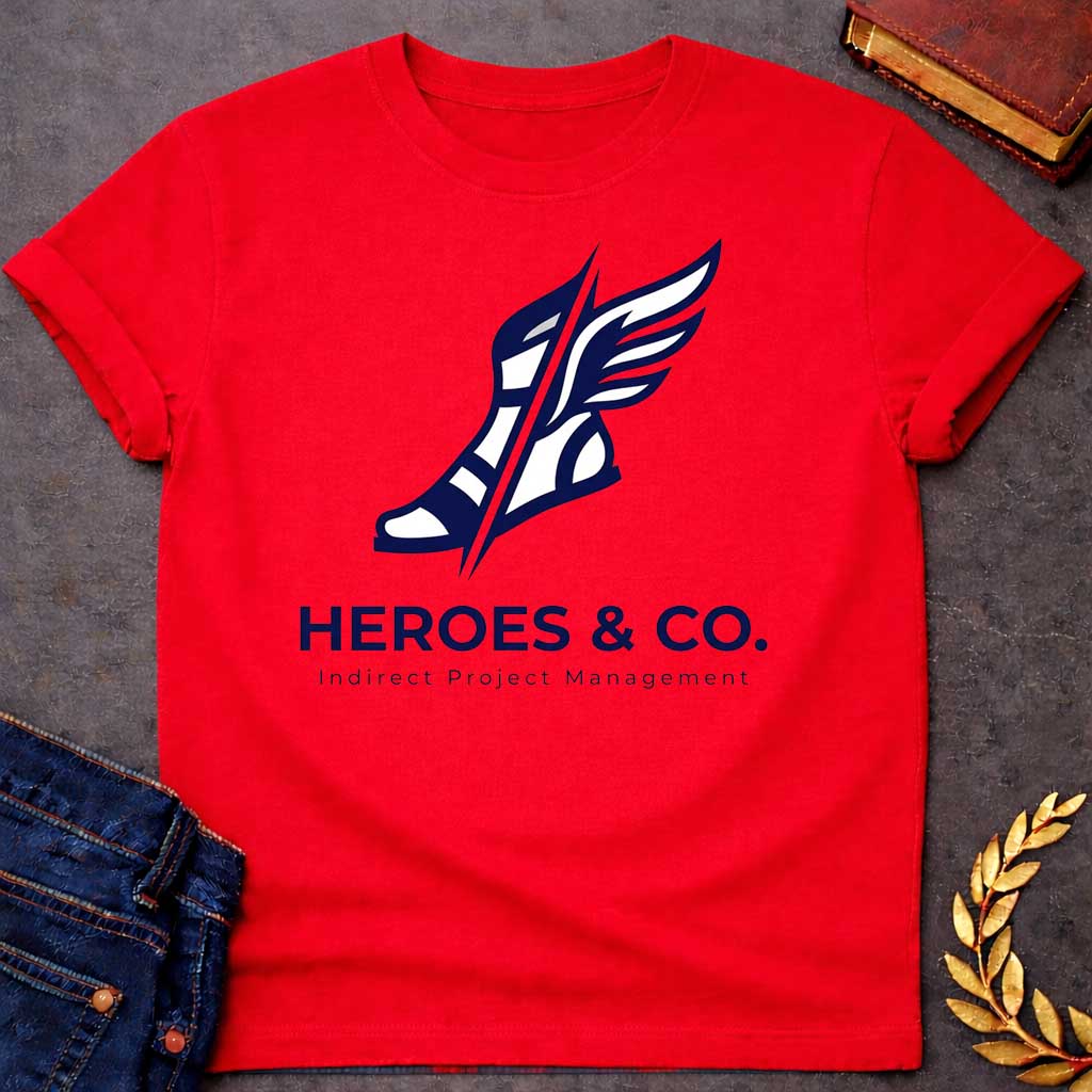 Red t-shirt with a a bold, angular illustration of a winged sandal (Hermes-style) sliced diagonally by a sharp line, above the company name in large capital letters, with the tagline "Indirect Project Management" below in smaller spaced-out lettering.