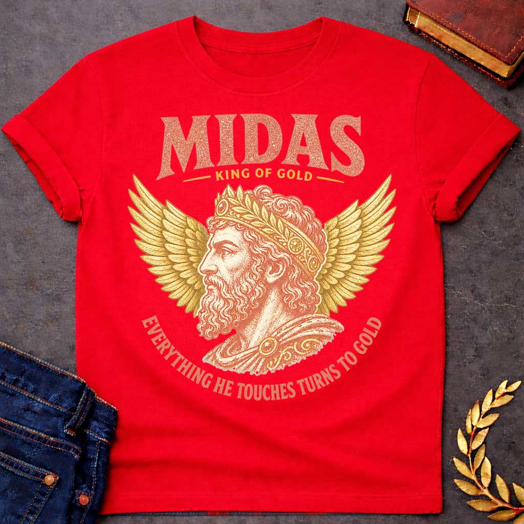 Red t-shirt with a Vintage King Midas Greek mythology design featuring a regal bearded portrait wearing an ornate golden crown, framed by large gold wings. Distressed terracotta and gold artwork includes the text “Midas,” “King of Gold,” and “Everything He Touches Turns to Gold,” inspired by the legendary Midas touch.