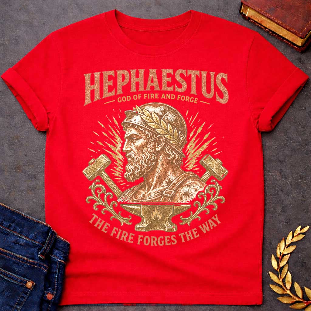 Red t-shirt with a Vintage Hephaestus Greek mythology shirt design featuring the bearded God of Fire and Forge wearing a classical helmet and laurel crown. He is framed by crossed blacksmith hammers, fiery sparks, ornate details, and an anvil with a flame symbol. Distressed coral and gold artwork includes the text “Hephaestus God of Fire and Forge” and “The Fire Forges the Way.”