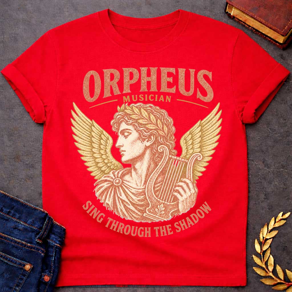 Red t-shirt with a Vintage Orpheus Greek mythology  design featuring the legendary musician in profile wearing a laurel crown and holding a classical lyre, framed by golden wings. Distressed terracotta and gold artwork includes the text “Orpheus,” “Musician,” and “Sing Through the Shadow,” inspired by the tragic myth of Orpheus and Eurydice.