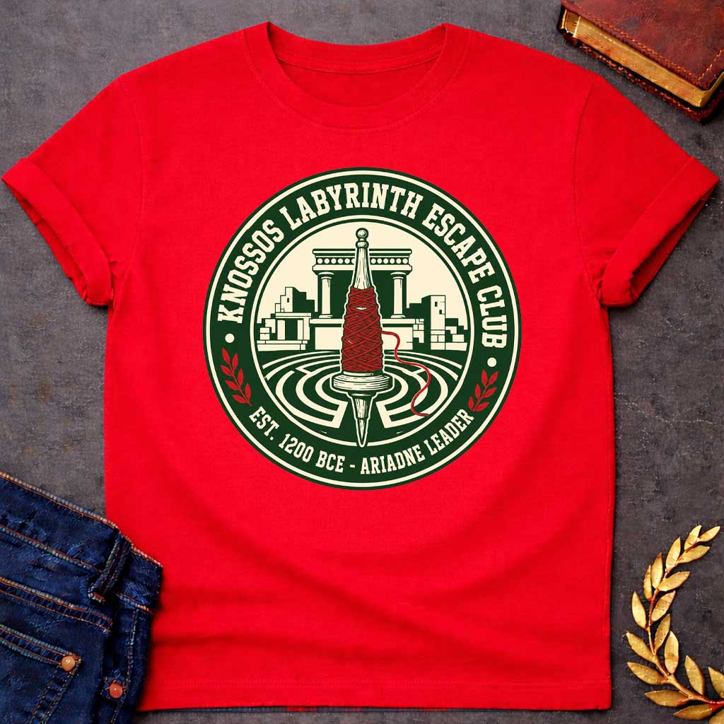 Red T-shirt with A circular, collegiate-style emblem t-shirt design, The logo features a cream center showing a wooden spindle wrapped in bright red thread, positioned over a labyrinth with ancient Minoan ruins behind it. The dark green outer ring reads "KNOSSOS LABYRINTH ESCAPE CLUB" along the top and "EST. 1200 BCE - ARIADNE LEADER" at the bottom, separated by small red laurel branches.