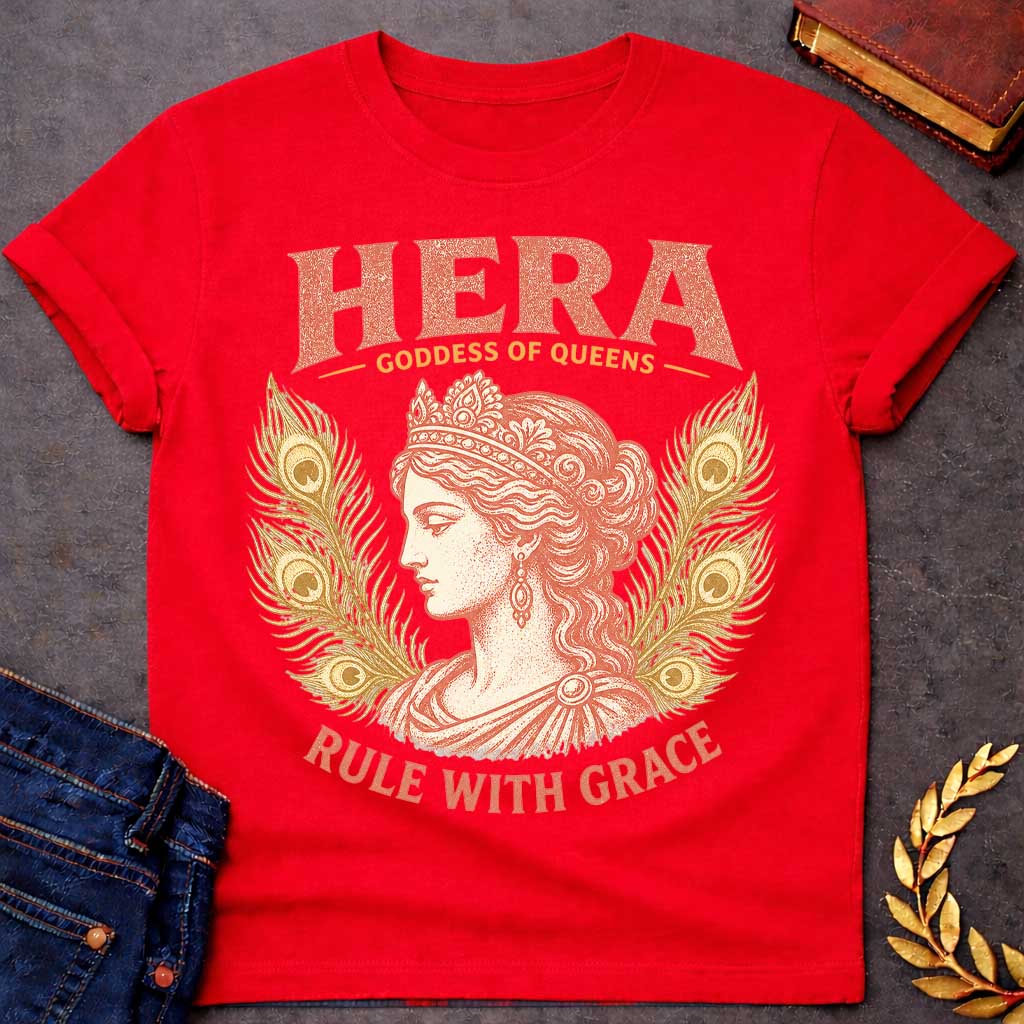 Red t-shirt with a Vintage Hera Greek mythology design featuring the Goddess of Queens in profile wearing an ornate jeweled crown and elegant classical robes. Golden peacock feathers frame her portrait, symbolizing Hera’s sacred bird and royal status. Distressed coral and gold artwork includes the bold text “Hera Goddess of Queens” and “Rule With Grace.”