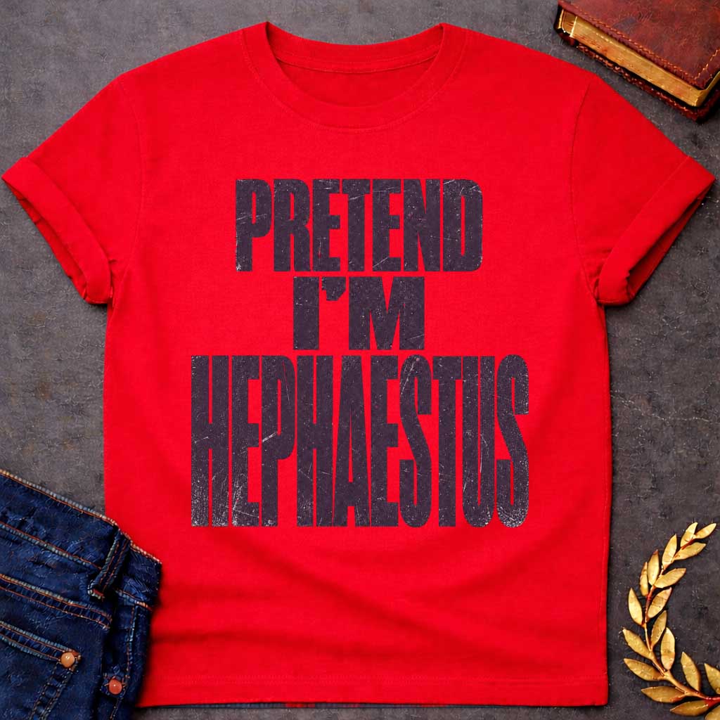 Red t-shirt with a Pretend I’m Hephaestus Greek mythology design featuring bold distressed dark purple typography on a transparent background. The stacked text reads “PRETEND I’M HEPHAESTUS” in a rugged vintage block font, creating a humorous design inspired by Hephaestus, the Greek god of fire, metalworking, blacksmiths, craftsmanship, and the forge.