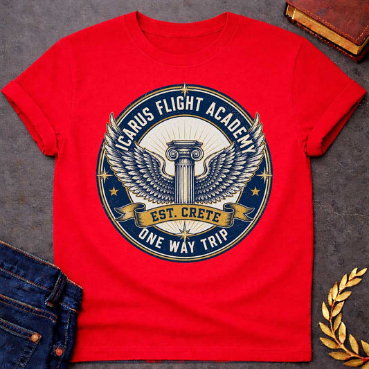 Red t-shirt A circular, distressed vintage emblem design. At the center of a cream circle, a classic Greek Ionic column sprouts a large pair of detailed, spreading wings. A dark blue outer ring features the text "ICARUS FLIGHT ACADEMY" at the top and "ONE WAY TRIP" at the bottom. A golden banner across the center reads "EST. CRETE," adding a dark humor twist to the mythological flight.