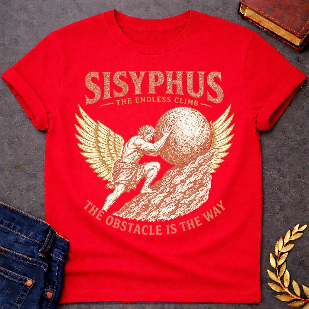 Red t-shirt with a Vintage Sisyphus Greek mythology design featuring the legendary figure pushing a massive boulder up a steep mountain, framed by golden wings. Distressed terracotta and gold artwork includes the text “Sisyphus,” “The Endless Climb,” and “The Obstacle Is the Way,” symbolizing perseverance, struggle, and determination.