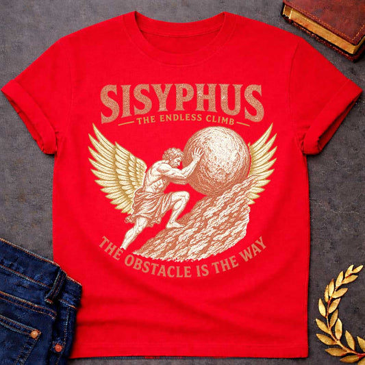 Red t-shirt with a Vintage Sisyphus Greek mythology design featuring the legendary figure pushing a massive boulder up a steep mountain, framed by golden wings. Distressed terracotta and gold artwork includes the text “Sisyphus,” “The Endless Climb,” and “The Obstacle Is the Way,” symbolizing perseverance, struggle, and determination.