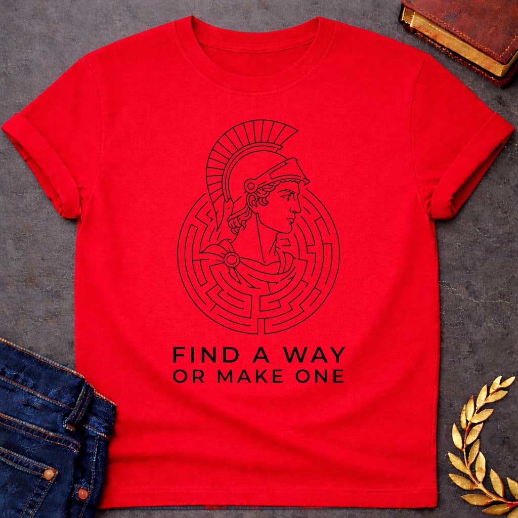 Red T-shirt with A Classical profile of a Spartan warrior wearing a crested Corinthian helmet, surrounded by concentric circular maze patterns forming an intricate labyrinth. Black and white line art style. Text reads 'Find A Way Or Make One' below. Motivational design celebrating determination, problem-solving, and perseverance. References Theseus's escape from the mythological Cretian labyrinth while embodying warrior resilience and grit.