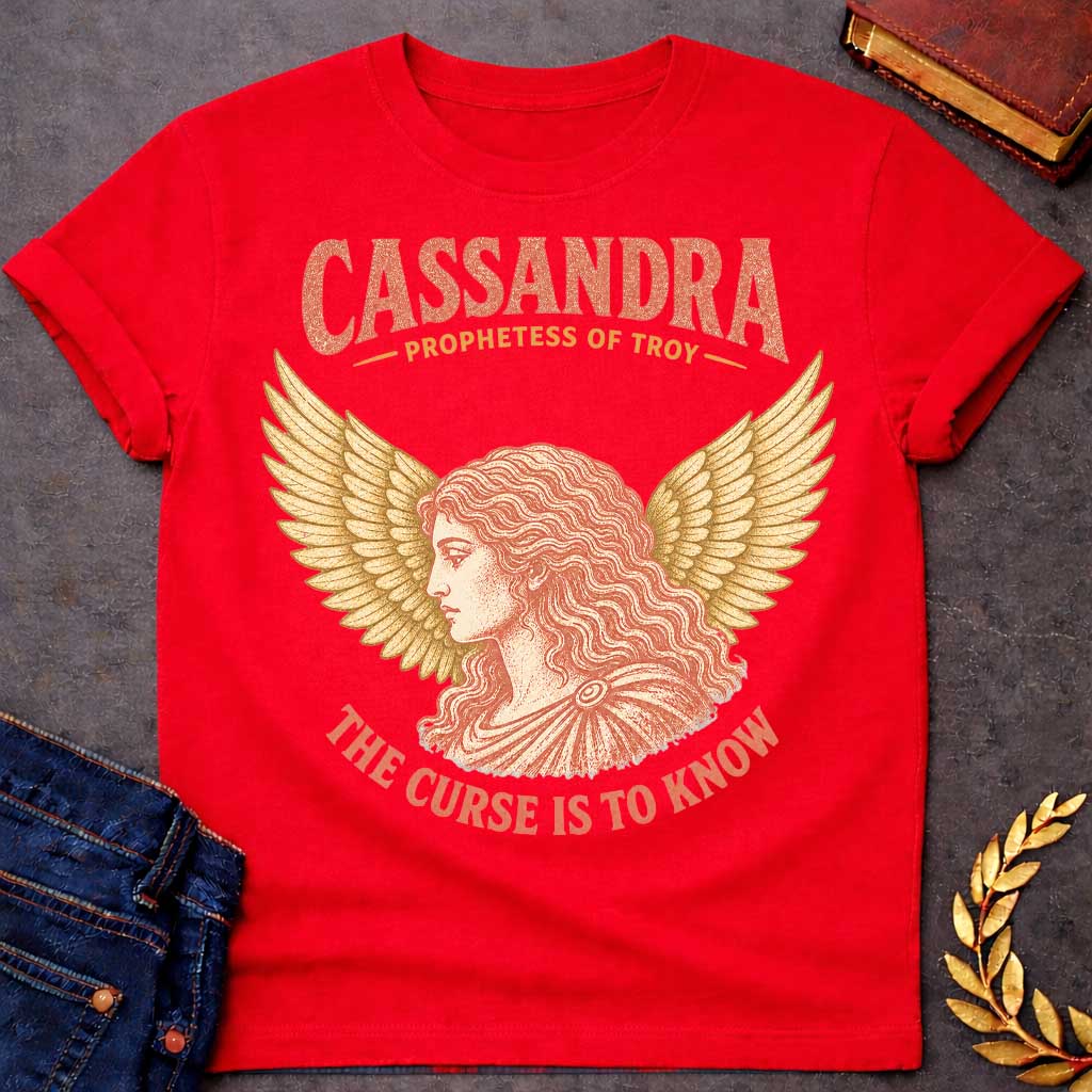 Red t-shirt with a Vintage Greek mythology design featuring Cassandra, prophetess of Troy, in a classical portrait framed by dramatic golden wings. Warm coral and gold engraving-style artwork accompanies bold text reading "Cassandra – Prophetess of Troy" and "The Curse Is to Know," inspired by her tragic gift of prophecy and the curse that no one would believe her warnings.