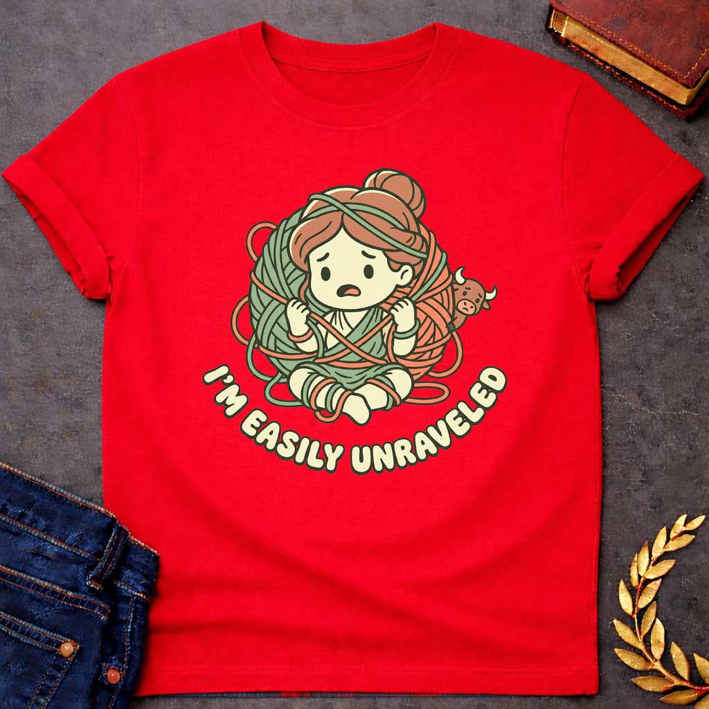 Red T-shirt with A cute chibi-style t-shirt graphic. A worried cartoon Ariadne sits tangled inside a giant ball of green and orange yarn, while a tiny, peekaboo Minotaur looks on from behind. Below the illustration, the punny tagline "I'M EASILY UNRAVELED" arcs gracefully in a bubbly, retro font. The design features a charming pastel color palette of muted sage green, terracotta orange, and cream.