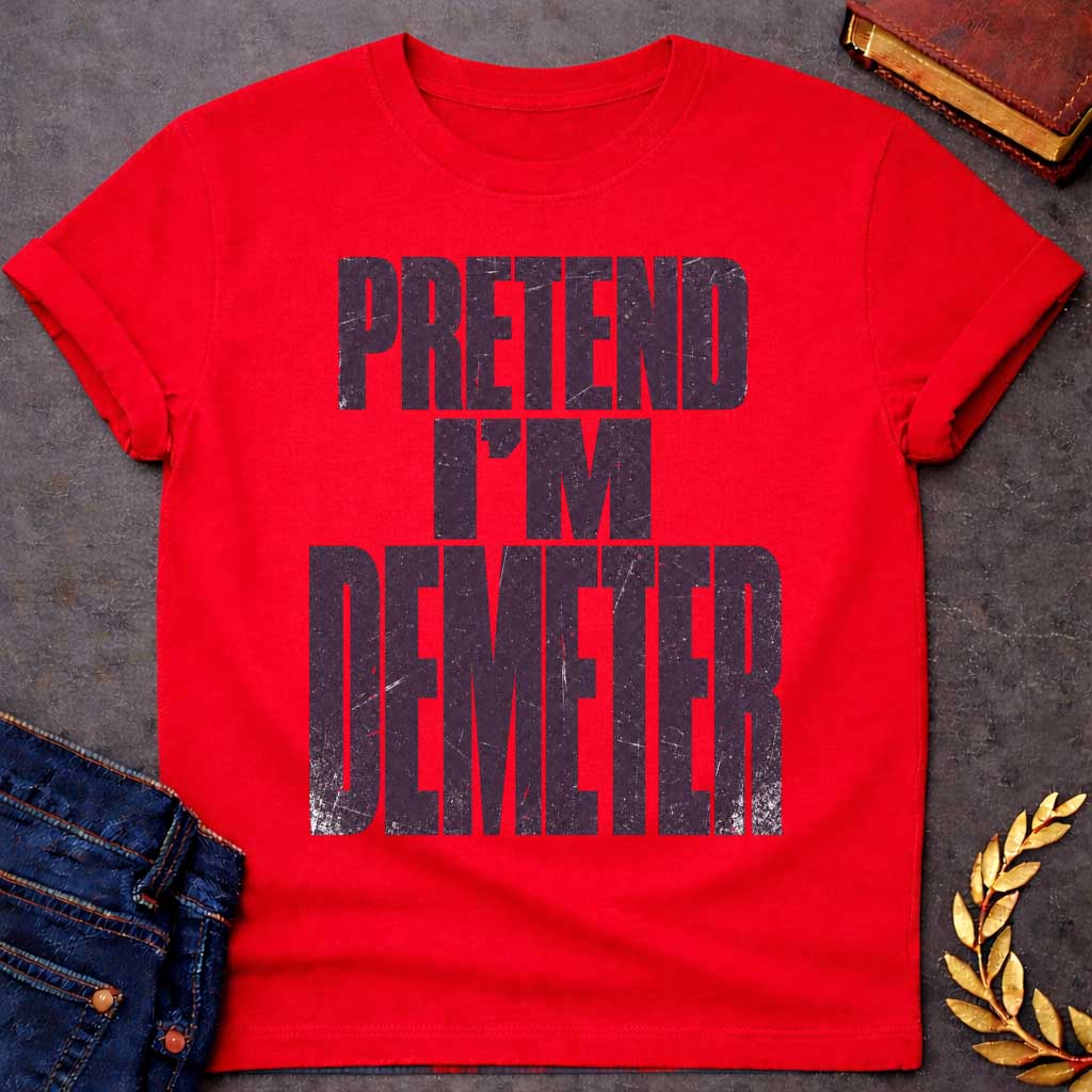 Red t-shirt with a Pretend I’m Demeter Greek mythology design featuring bold distressed purple typography on a transparent background. The stacked text reads “PRETEND I’M DEMETER” in a rugged vintage block font, creating a humorous design inspired by Demeter, the Greek goddess of agriculture, harvest, grain, fertility, and the earth.