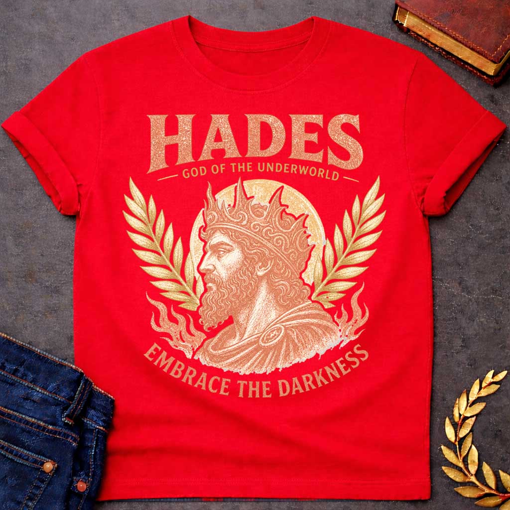 Red t-shirt with a Vintage Greek mythology shirt featuring Hades, God of the Underworld, portrayed as a bearded king wearing an ornate crown. Distressed coral and gold artwork includes laurel branches, a glowing circular backdrop, underworld flames, and the bold text “Hades God of the Underworld” and “Embrace the Darkness.”