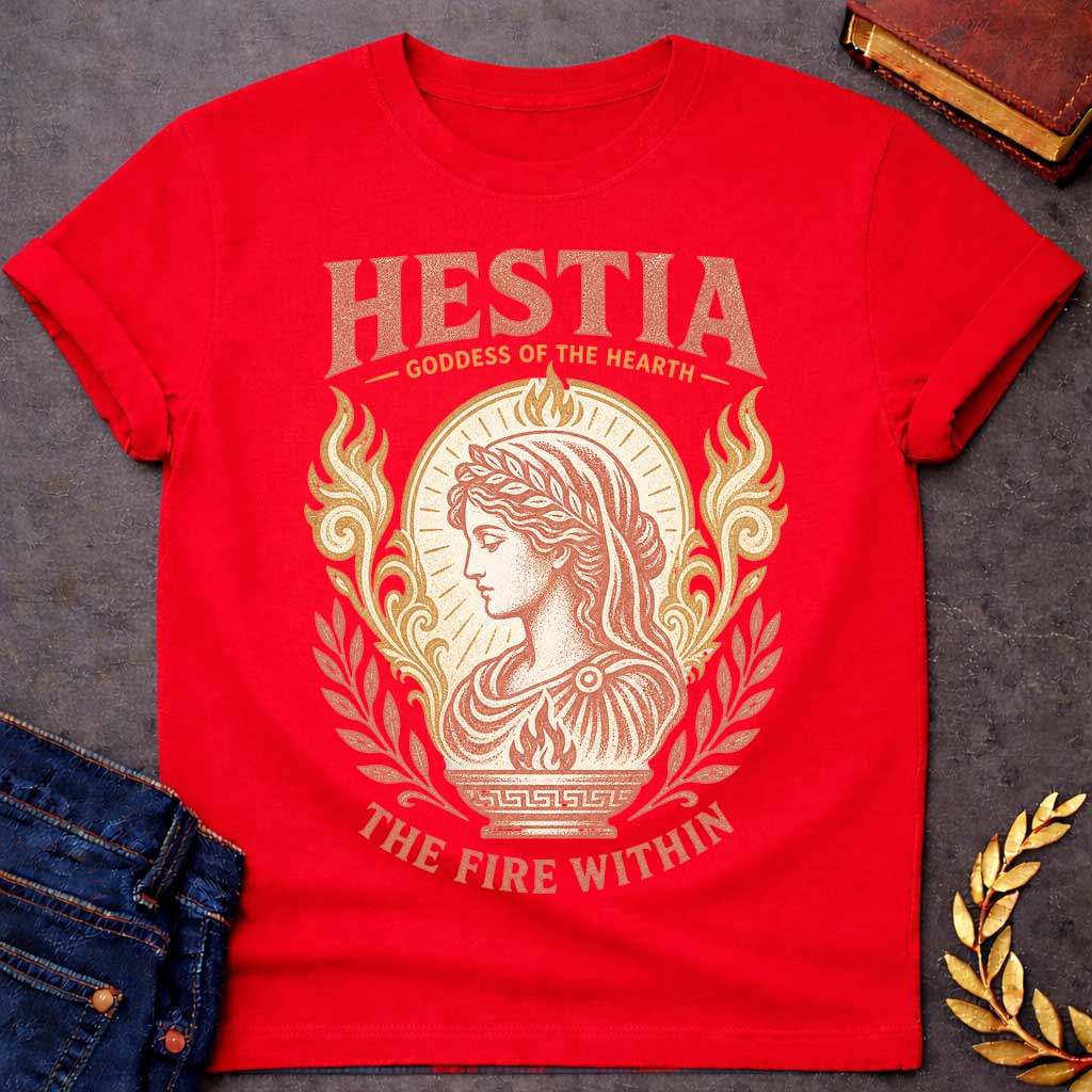 Red t-shirt with a Vintage Hestia Greek mythology shirt  featuring the Goddess of the Hearth in profile, wearing a laurel crown and classical robes. She is surrounded by sacred flames, ornate scrollwork, leafy branches, and a glowing hearth motif. Distressed coral and gold artwork includes the bold text “Hestia Goddess of the Hearth” and “The Fire Within.”