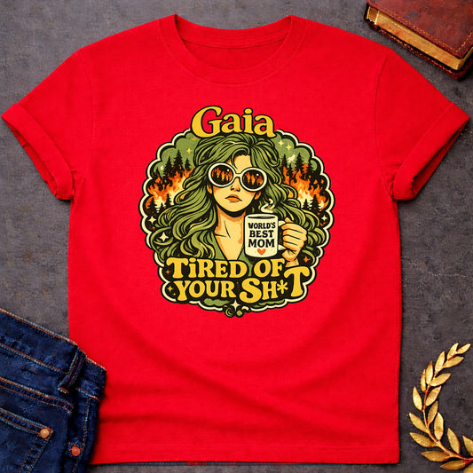 gaia tired of your sh t mythology adult shirt featuring detailed Greek mythology artwork, symbolic design, and bold graphic style