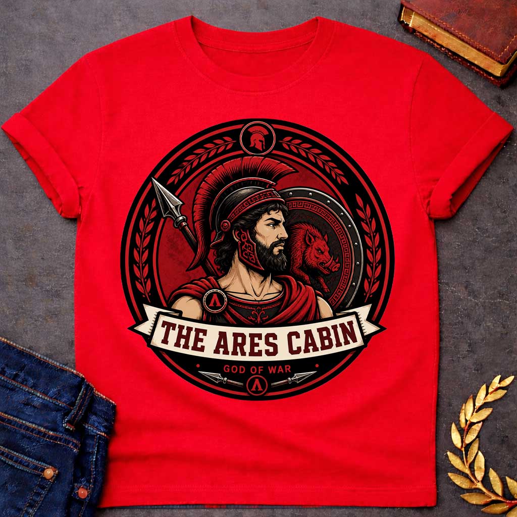 Red t-shirt with a Ares Greek mythology cabin design featuring the god of war in a Spartan-style helmet and armor, framed by a spear, shield with a fierce boar, and laurel branches. Bold red, black, and cream circular camp-style emblem includes the text “The Ares Cabin” and “God of War,”