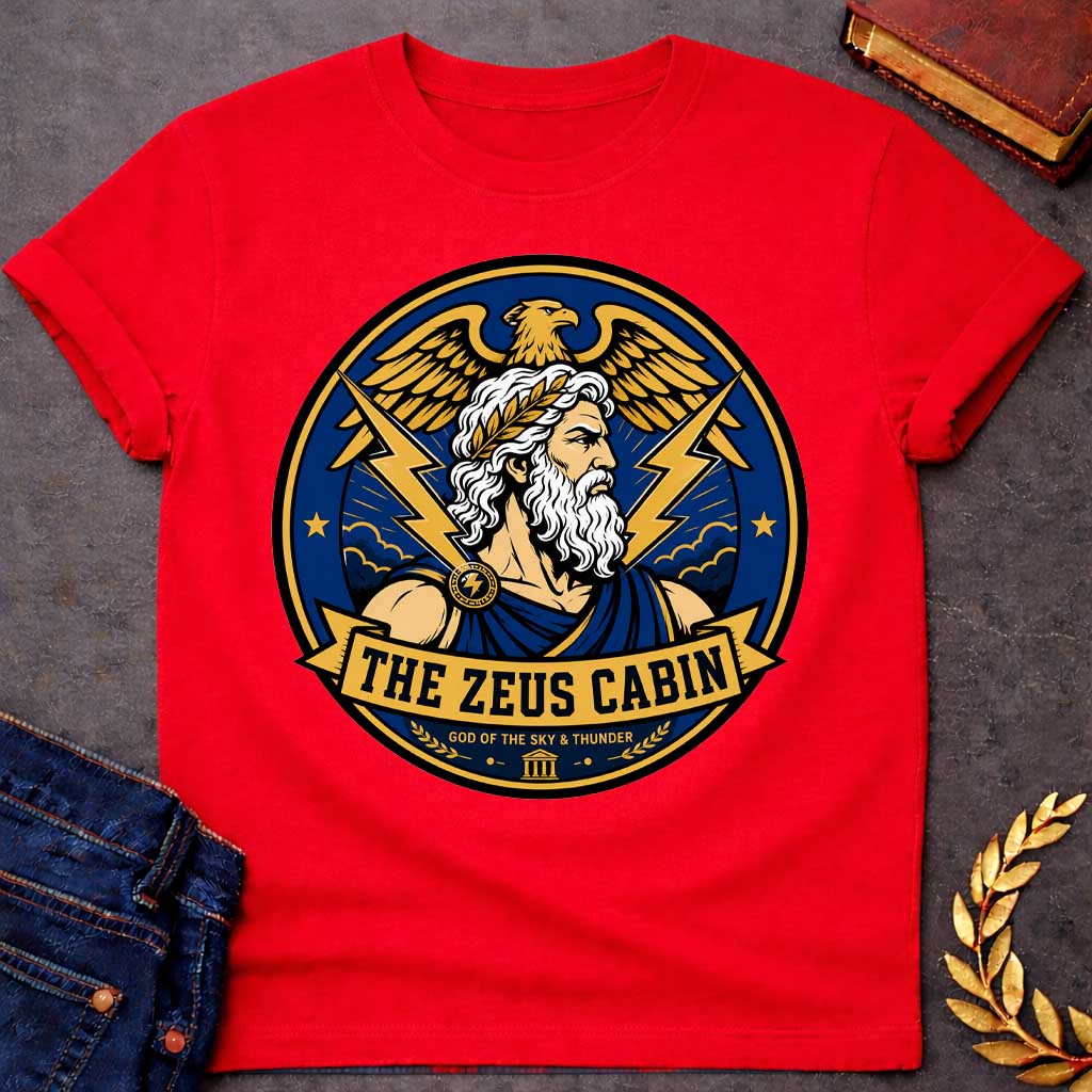 Red t-shirt with a Zeus Greek mythology cabin design featuring the bearded god of the sky and thunder with a laurel crown, golden eagle, lightning bolts, storm clouds, and Greek temple symbol. Bold blue, gold, white, and black circular camp-style emblem includes the text “The Zeus Cabin” and “God of the Sky & Thunder.”