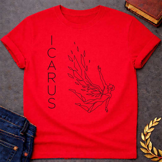 Red t-shirt in minimalist geometric line-art style: a falling figure with fragmented, angular wings shedding scattered diamond-shaped feathers as he tumbles, one arm reaching upward. Thin black outline drawing  with "Icarus" spelled vertically in narrow letter spaced type on the left.