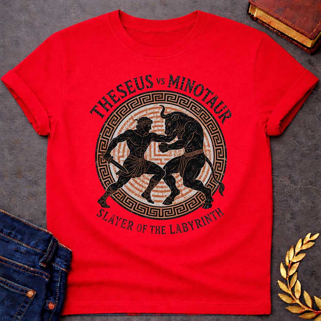 Red T-shirt with A vintage, Greek pottery-style graphic depicting a battle. At the center, the muscular hero Theseus holds a sword as he wrestles the powerful Minotaur. The black figure silhouettes are set against an orange labyrinth pattern inside a circular frame with a Greek key border. Distressed text reads "THESEUS VS MINOTAUR" arched across the top and "SLAYER OF THE LABYRINTH" curved along the bottom.